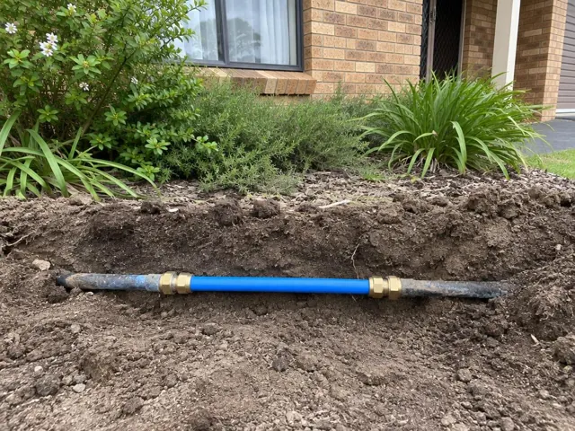 Exposed repaired water pipe in a garden trench beside a brick house in Belrose