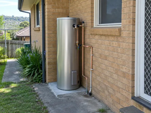 Stainless hot water cylinder beside a brick house wall and window on a concrete pad in Allambie Heights